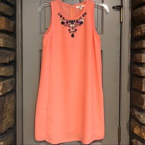 coral shift dress with beading